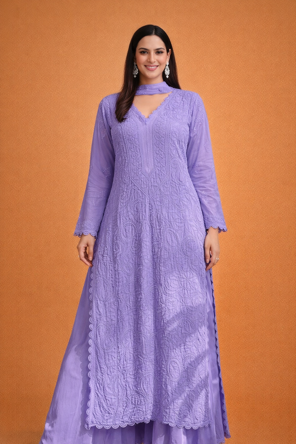 Lavender Chickankari Ethnic Set